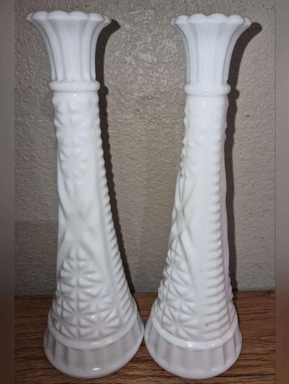 2 Vintage Anchor Hocking white milk glass bud vase, 